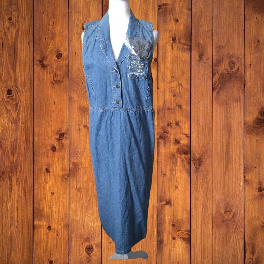 QUACKER FACTORY JEAN JUMPER DRESS EMBELLISHED BEADED SIZE MEDIUM BLUE DENIM